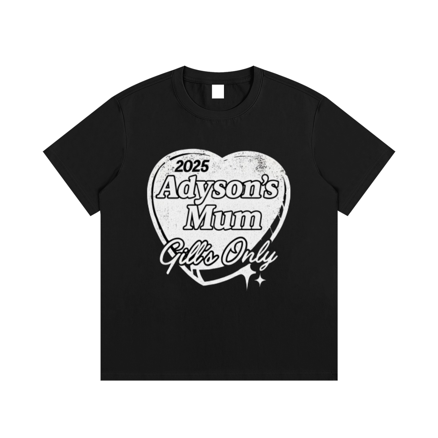 Black t-shirt with white text and heart design on a white background