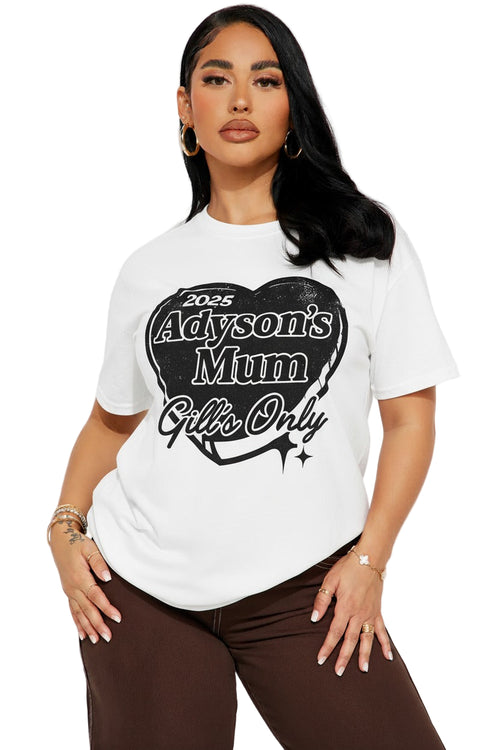 Woman wearing a white t-shirt with black text and graphics on a plain background