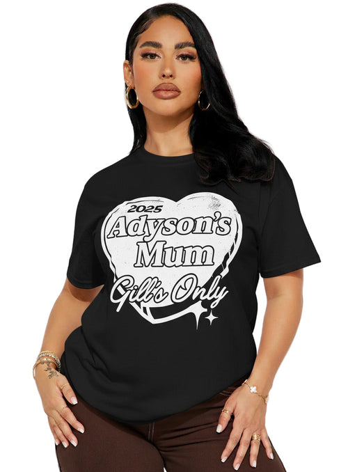 Woman wearing a black t-shirt with text design on a white background