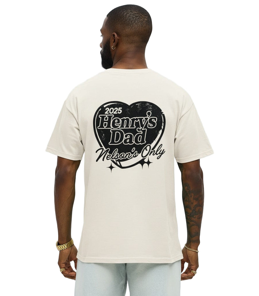 Man wearing a beige t-shirt with text on the back against a white background