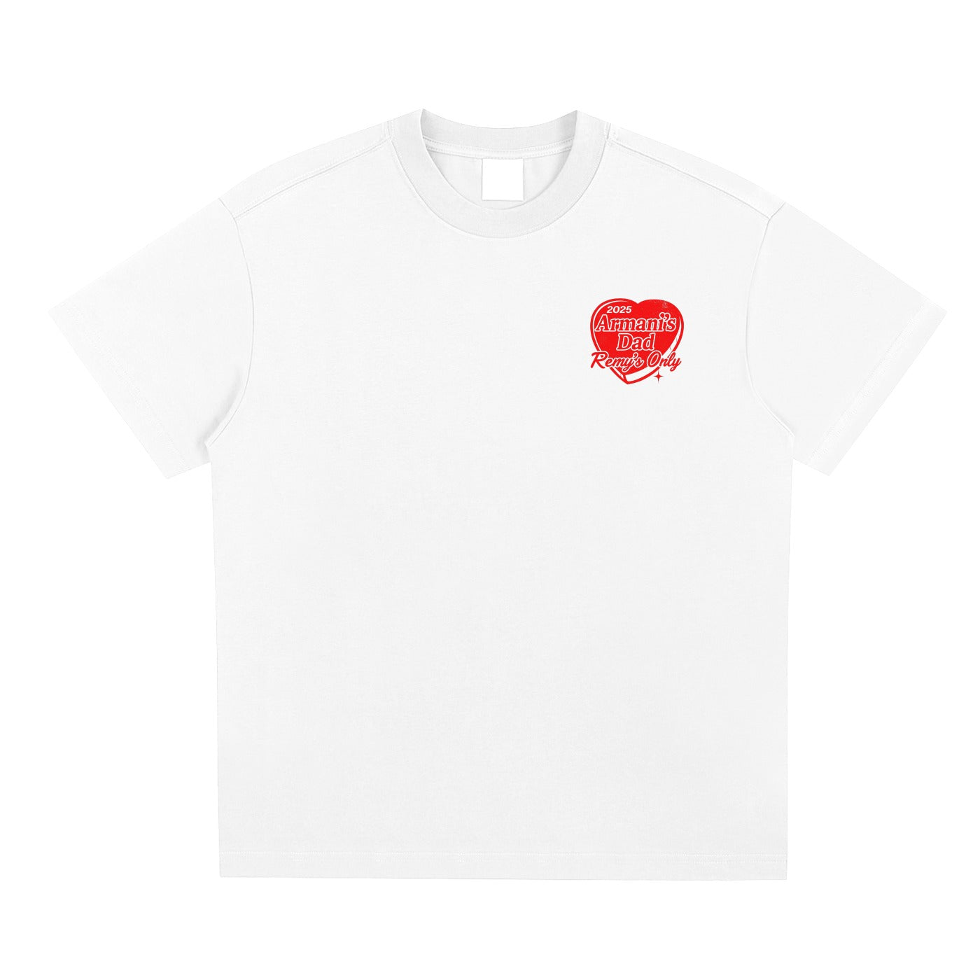 White t-shirt with a red heart-shaped logo on a white background