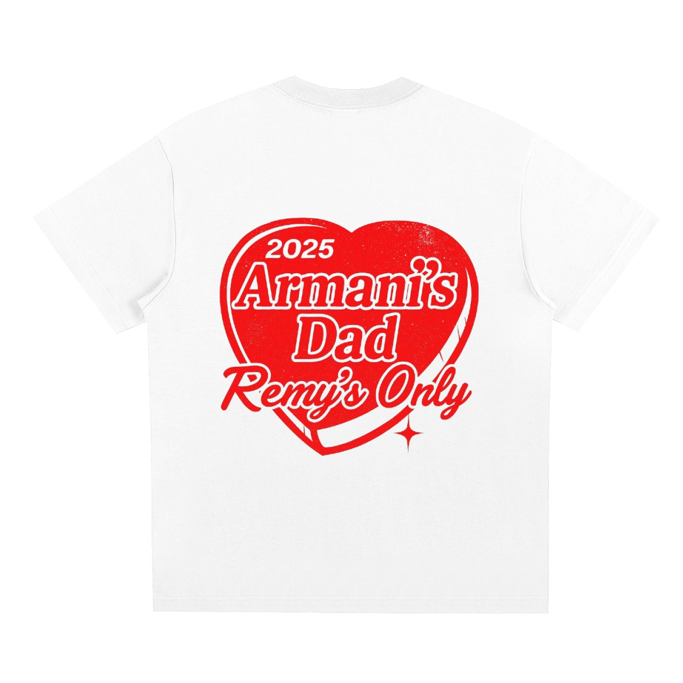 White t-shirt with red heart-shaped text design on a white background